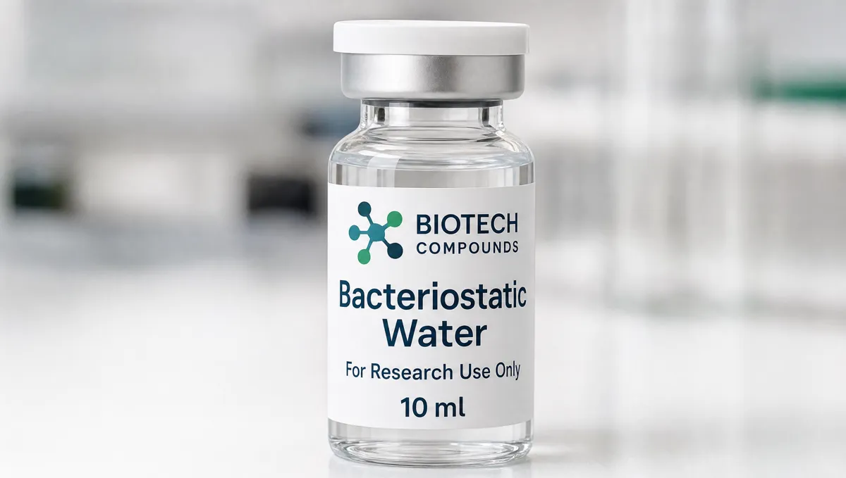 Biotech Compounds Bacteriostatic Water 10 ml vial on a laboratory bench