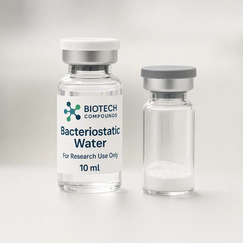 Bacteriostatic Water vial beside a vial of lyophilized peptide powder