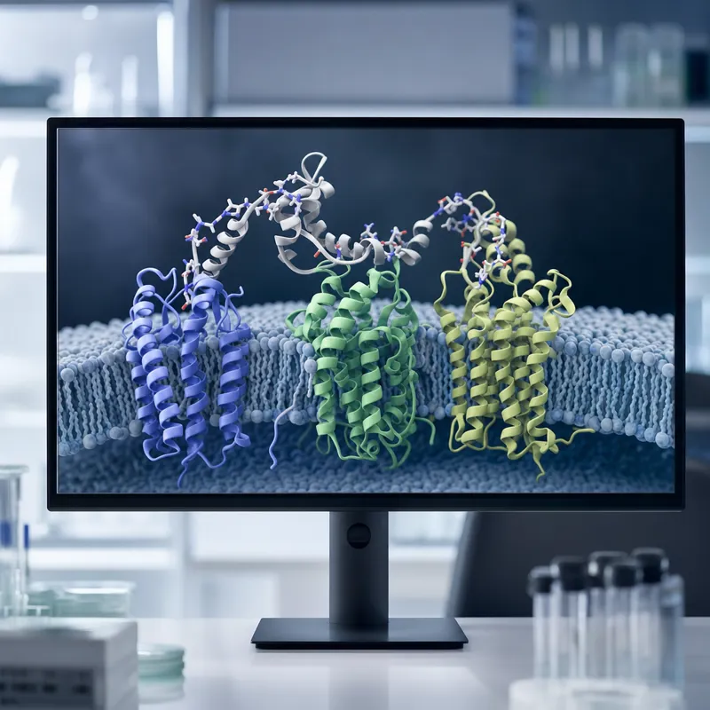 Molecular model of the retatrutide triple agonist engaging three color-coded receptors in a cell membrane