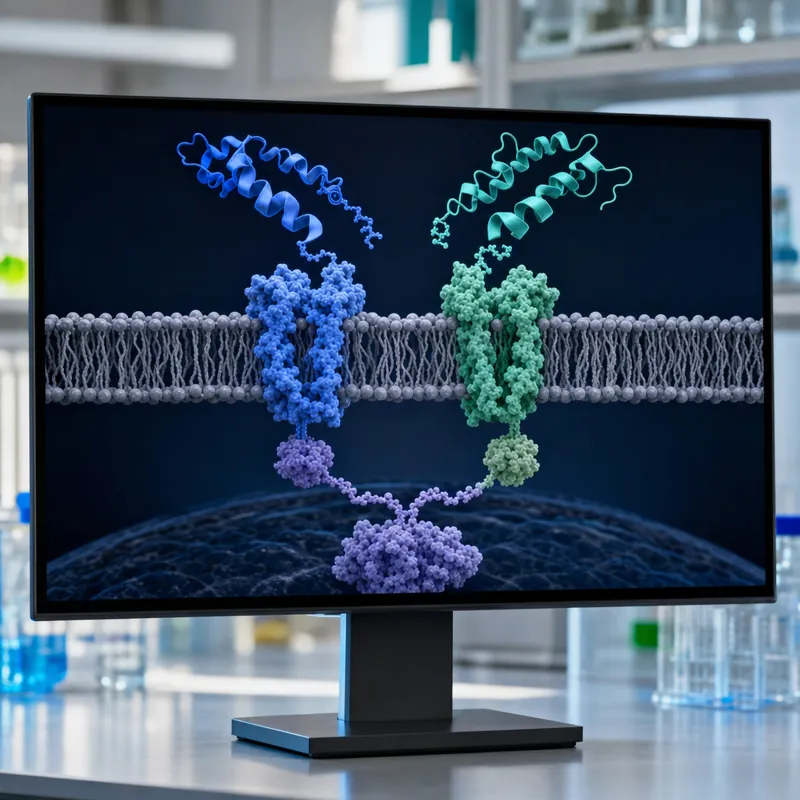 Cagrilintide and semaglutide molecular models binding separate receptors that converge on one signaling pathway