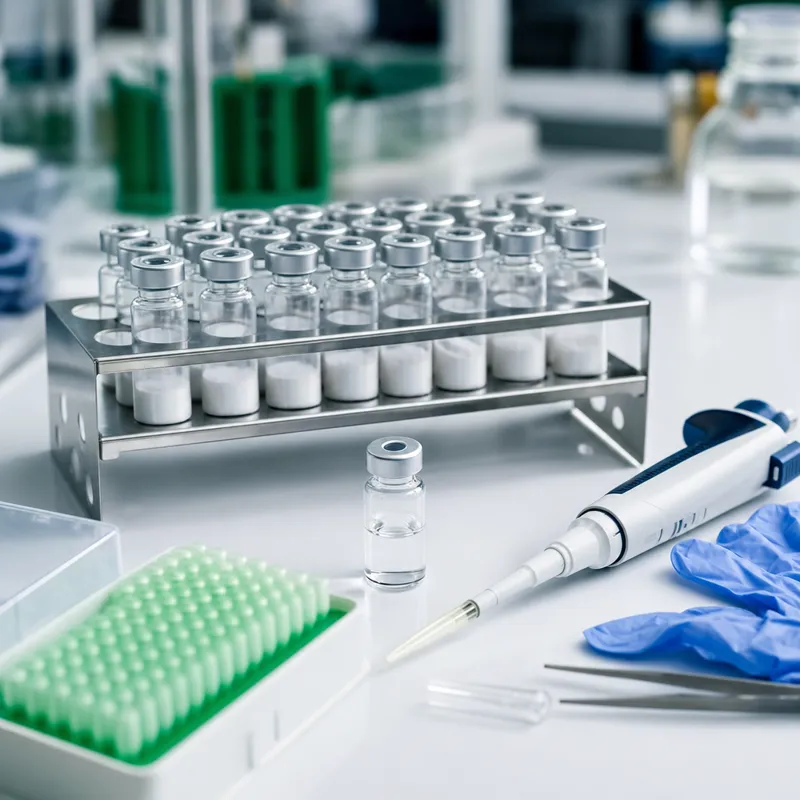 Rack of lyophilized research peptide vials with a micropipette and sterile diluent on a laboratory bench