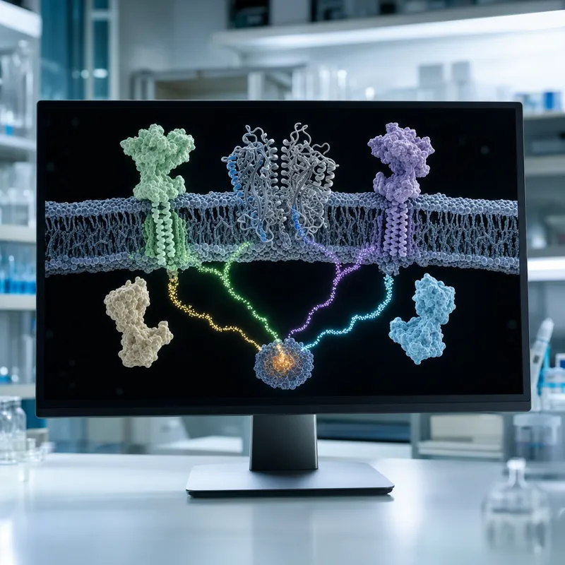 Quadruple GLP agonist model engaging four color-coded membrane receptors with converging signaling cascades